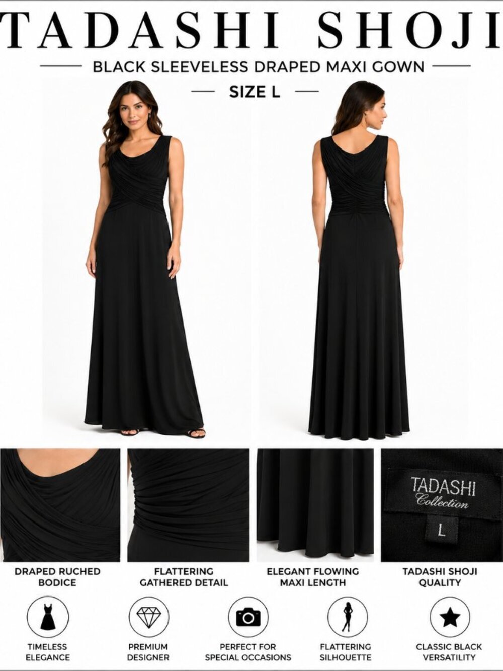 TADASHI SHOJI BLACK DRAPED MAXI GOWN L